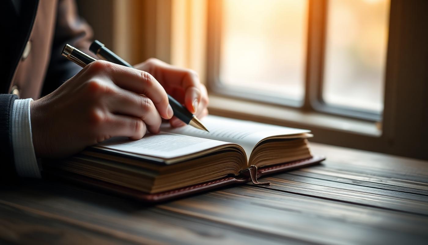 Hands writing in a leather journal with a fountain pen