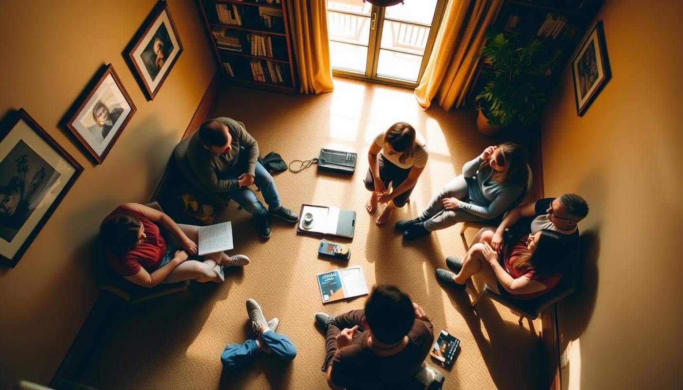 A small group seated in a circle in a sunlit room, viewed from above